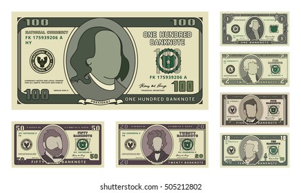 Money bill icons. Detailed currency banknotes. Cartoon american dollars. Flat vector illustration