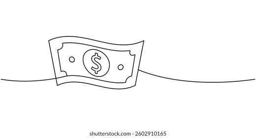 Money bill one line continuous drawing. Money investment and online payment service. Vector illustration.