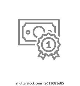 Money bill with reward medal line icon. Money prize reward symbol. Vector illustration.