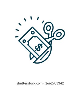 money bill with scissors icon over white background, line style, vector illustration