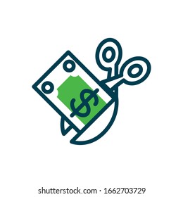 money bill with scissors icon over white background, half color style, vector illustration