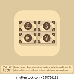 money bill sign. symbol icon dollar, pound sterling, Japanese yen , euro