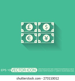 money bill sign. symbol icon dollar, pound sterling, Japanese yen , euro