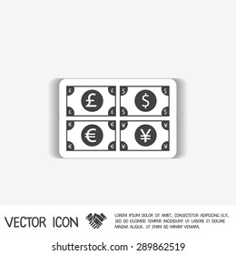 money bill sign. symbol icon dollar, pound sterling, Japanese yen , euro