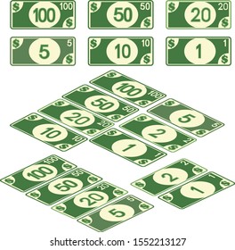 Money, bills 5, 10, 20, 50 & 100, coins 1 & 2 dollars. Full color graphic renderings