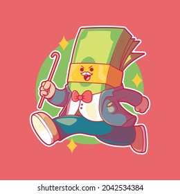 Money bills character in a suit running vector illustration. Money, finance, mascot design concept.