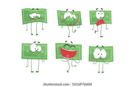 Money Bills Characters with Funny Faces, Cute Banknotes with Various Emotions Vector Illustration
