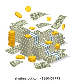 Money bills and coins stack. Isolated dollar bill, coin stack currency icon. Business, finance, wealth symbol vector illustration