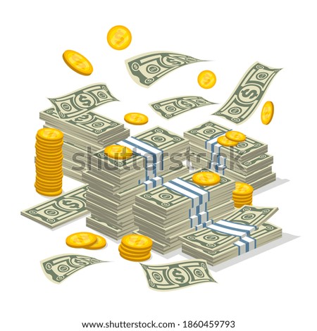 Money bills and coins stack. Isolated dollar bill, coin stack currency icon. Business, finance, wealth symbol vector illustration