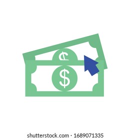 letras de dinero e icono del cursor sobre fondo blanco, estilo plano, ilustración vectorial