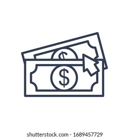 money bills and cursor icon over white background, line style, vector illustration