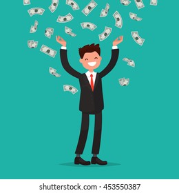 Money bills fall to the joyful businessman. Vector illustration of a flat design