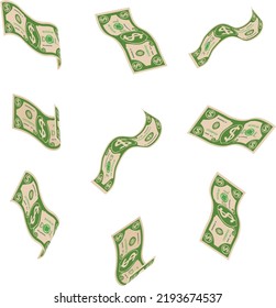 Money bills. Green flying paper cash rain