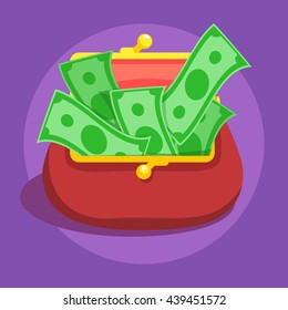 Money bills in red retro wallet flat vector icon illustration, dollar cash, rich financial status sign on violet color background