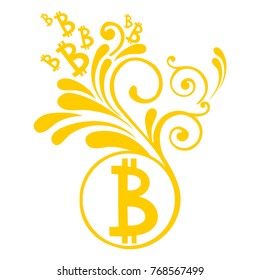 Money Bitcoin with floral design elements isolated on white background. Vector illustration