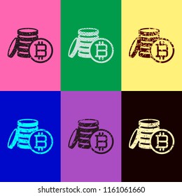 money bitcoin. simple silhouette. Pop art style. Scratched icons on 6 colour backgrounds. Seamless pattern