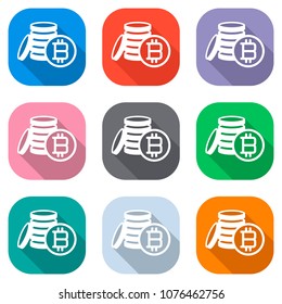 money bitcoin. simple silhouette. Set of white icons on colored 