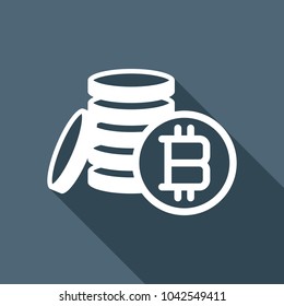 money bitcoin. simple silhouette. White flat icon with long shadow on background