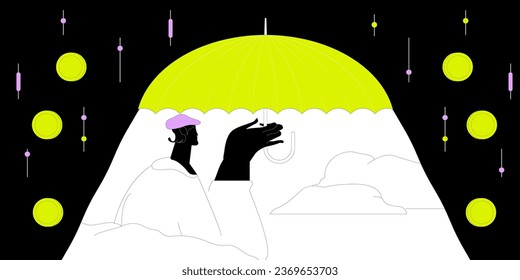 Money bitcoin under umbrella. Business income protection. Flat modern vector illustration