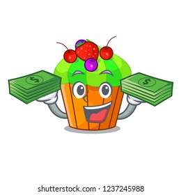 With money black currant cupcake isolated on mascot