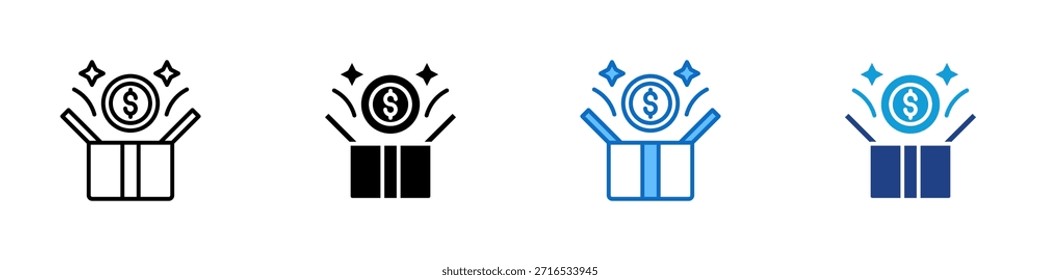 Money Bonus Multiple Style Icon Design Vector - Open gift box with a coin and sparkles, symbolizing financial bonus or cashback