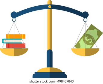 Money and book balance on the scale. education Concept