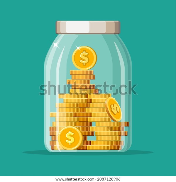 Money bottle. Coins\
jar, investing fund savings vector illustration, glass bank cash\
savingcoins concept