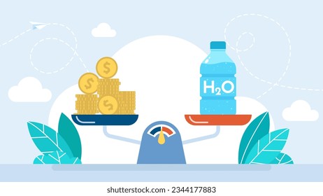 Money and a bottle are on the scales. The cost of clean drinking water is increasing. Pay cost water supply, price and tariff volume of water. Vector illustration