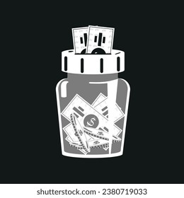 Money box with bills and coins inside on black background. Monochrome illustration in cartoon style. Icon, vector, black and white