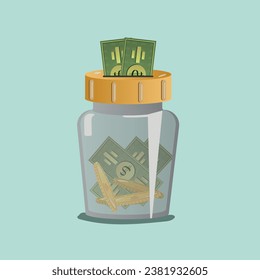 Money box with bills and coins inside on a blue background. Color illustration in cartoon style. Icon, vector.