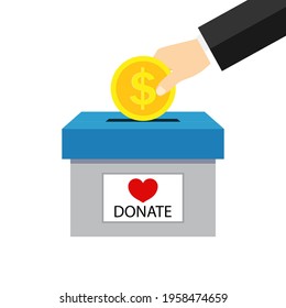 Money Box For Charity Donate. Hand Giving Coin For Charity Help. Campaign Of Fundraising For Donate. Icon Of Fund Of Donation. Financial Contribution From Heart With Love For Charitable. Vector.