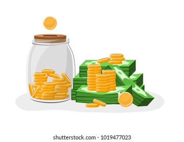 Money Box Glass Jar Filled With Gold Coins  And Dollars Banknotes Piles.