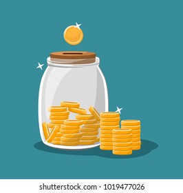 Money Box Glass Jar With Gold Coins Stacks.