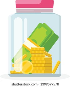 Money box with golden coins and stack of dollar bills. Savings.
