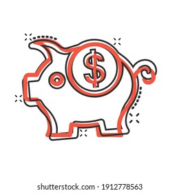 Money box icon in comic style. Pig container cartoon vector illustration on white isolated background. Piggy bank splash effect business concept.