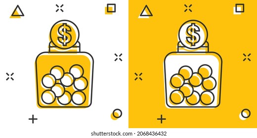 Money Box Icon In Comic Style. Coin Jar Container Cartoon Vector Illustration On White Isolated Background. Donation Moneybox Splash Effect Business Concept.