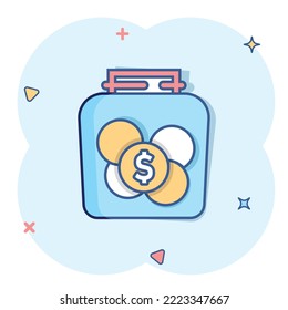 Money Box Icon In Comic Style. Coin Jar Container Cartoon Vector Illustration On White Isolated Background. Donation Moneybox Splash Effect Business Concept.