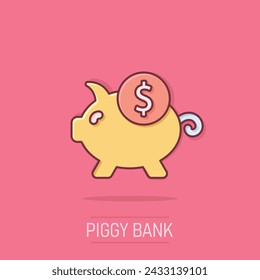 Money box icon in comic style. Pig container cartoon vector illustration on isolated background. Piggy bank splash effect business concept.