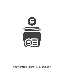Money box jar vector icon. filled flat sign for mobile concept and web design. Coins jar glyph icon. Save money symbol, logo illustration. Vector graphics