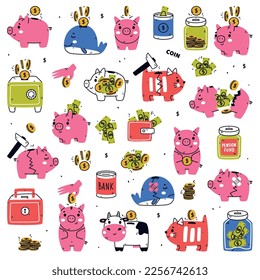 Money Box and Piggy Bank as Container for Coin Storage Vector Set