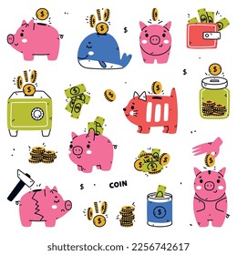 Money Box and Piggy Bank as Container for Coin Storage Vector Set