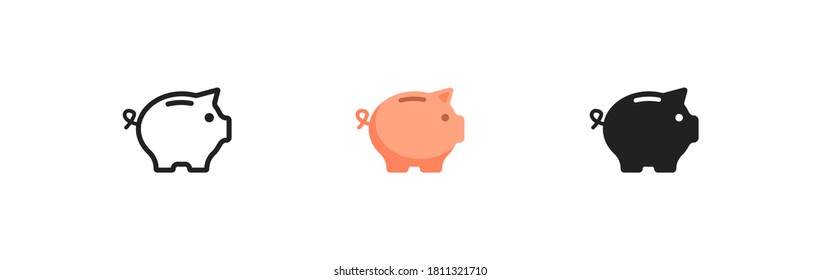 Money box, simple icon set. Pig bank concept, save coin isolated illustration in vector flat style.