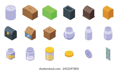 Money box tips icons set isometric vector. Glass savings. Acrylic fund