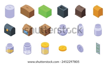 Money box tips icons set isometric vector. Glass savings. Acrylic fund