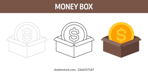 Money Box tracing and coloring worksheet for kids