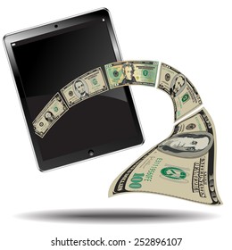 Money Breaks out of a Computer Tablet Toward the Viewer