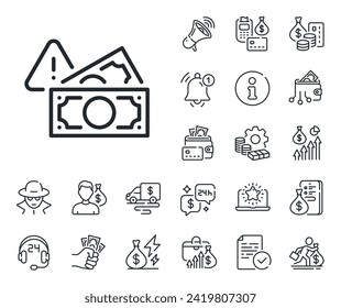 Money bribe crime sign. Cash money, loan and mortgage outline icons. Fraud line icon. Cash corrupt symbol. Fraud line sign. Credit card, crypto wallet icon. Inflation, job salary. Vector