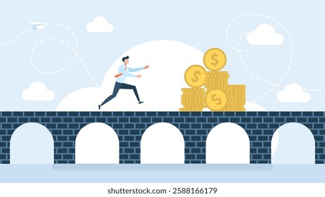 Money bridging economy gap assisting business people to overcome financial difficulties. Bridge to money. Path for business beginner to success and profit. Businessman  over abyss. Vector illustration