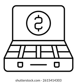 Money briefcase thin line icon, business savings concept. Vector graphics. Portfolio bag with coin, cash sign on white background, linear style for mobile or design