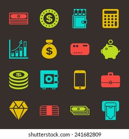 money bright color icons on black background